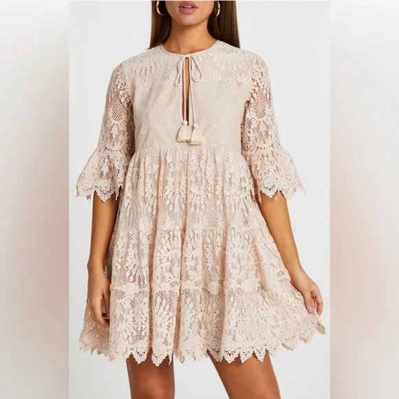 River Island | Dresses | Nwot River Island Embroidered Lace Tie Front Dress  Intricate Detail Flattering | Poshmark